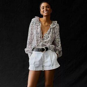 Anthropologie Button Up Peasant Blouse Black Floral Puff Sleeve V-Neck Medium